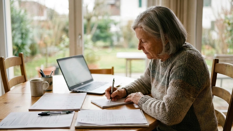 Eine Seniorin sitzt am Schreibtisch und plant ihren Nachlass