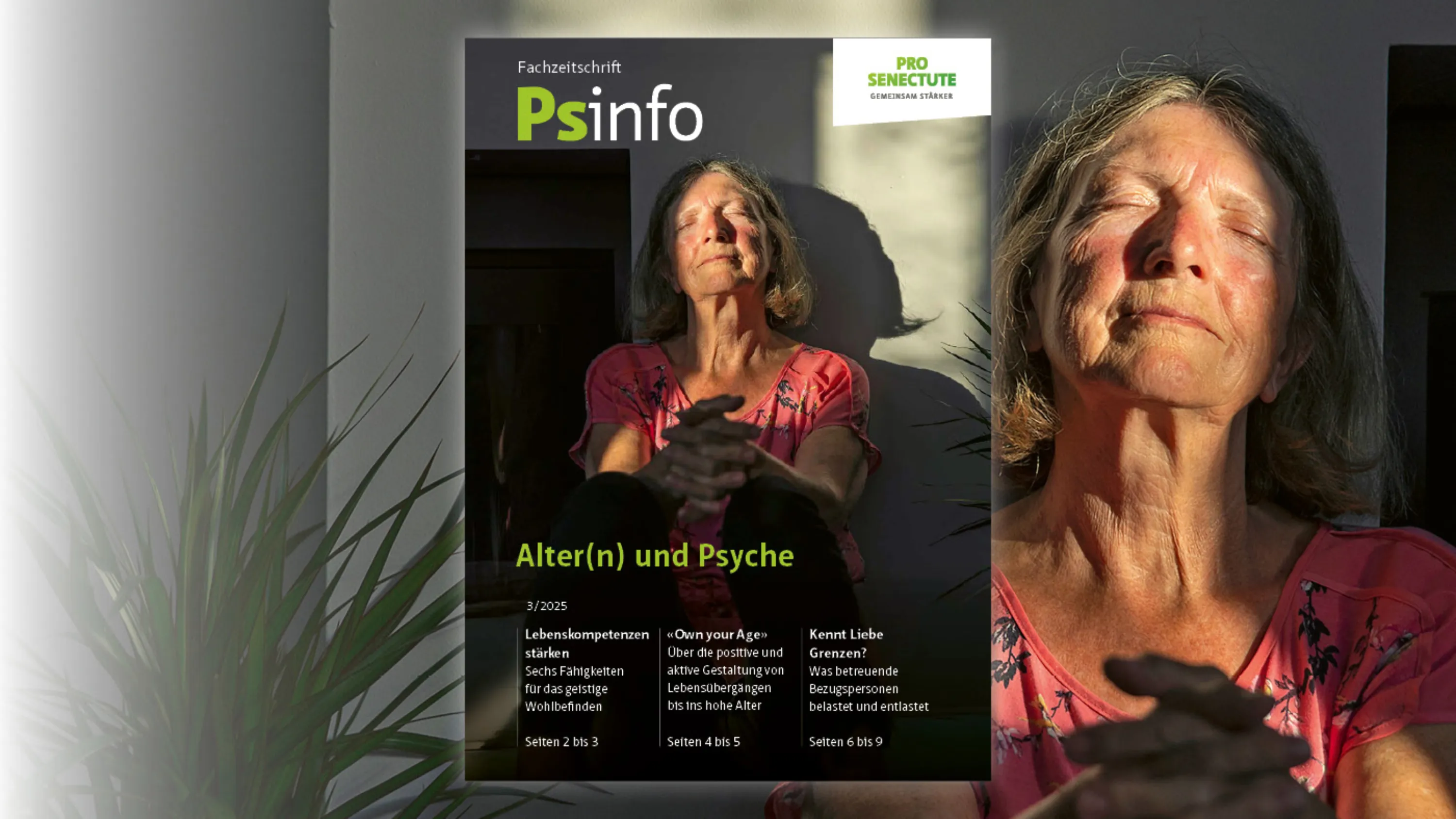 Titelseite von Psinfo 03/2025: Eine ältere Frau sitzt mit geschlossenen Augen an eine Wand gelehnt in der Sonne.